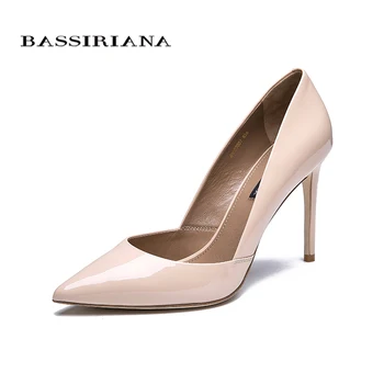 BASSIRIANA 2018 kvalitet i ægte læder patent læder sko kvinde tynde høje hæle læder ydersål sko sort beige størrelse 35-40