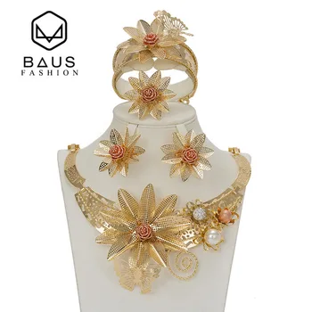 BAUS Dubai passer til smykker, blomster type Guld farve smykker sæt Nigerianske bryllup afrikanske perler etiopiske guld Brude tilbehør