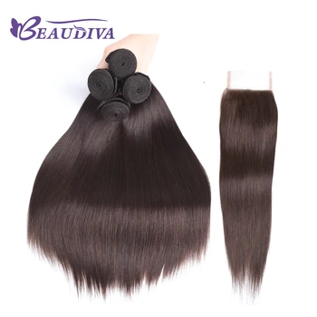 BEAUDIVA Præ-Farvede #2 Mørkebrun Remy Human Hair Bundter Med lace lukning 4*4 Ombre Farve brazilian hår