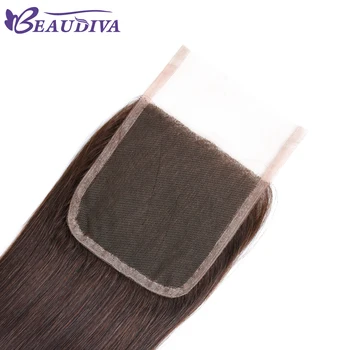 BEAUDIVA Præ-Farvede #2 Mørkebrun Remy Human Hair Bundter Med lace lukning 4*4 Ombre Farve brazilian hår