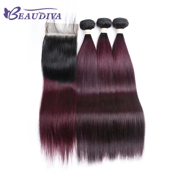 BEAUDIVA Præ-Farvede Lige Remy Human Hair Med lace lukning 4*4 TB/99J Ombre farve brasilianske Bundter hår Extensions, Væver