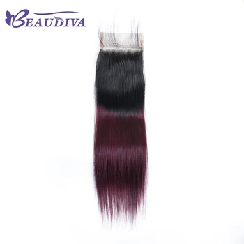 BEAUDIVA Præ-Farvede Lige Remy Human Hair Med lace lukning 4*4 TB/99J Ombre farve brasilianske Bundter hår Extensions, Væver
