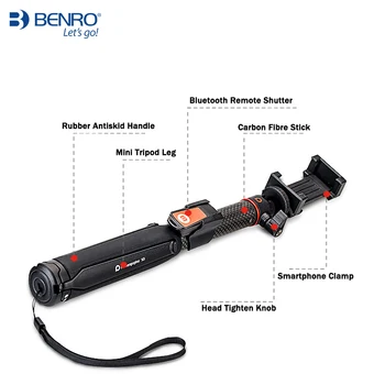 BENRO SC1 carbon fiber håndholdte mini Stativ til bærbare selfie stick med trådløs Bluetooth til din smartphone-Action-kamera, Gopro