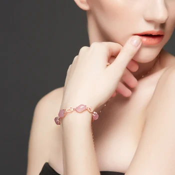 Berømte mærke Naturlige Semi-ædle sten, rosa kalcedon guld Armbånd Kvinder smykker kæreste gave