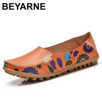 BEYARNE 2018 Foråret kvinder i ægte læder sko slip på ballet kvinder lejligheder print kvinde sko 4 farver mokkasiner loafers sko