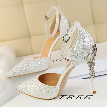 BIGTREE luksus høj kvalitet sko kvinde metallisk høj stilethæl hæl bryllup kjole sko ankel rem sequined bling pumper sandaler