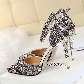 BIGTREE luksus høj kvalitet sko kvinde metallisk høj stilethæl hæl bryllup kjole sko ankel rem sequined bling pumper sandaler