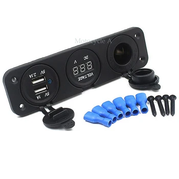 Bil Oplader Motorcykel Plug Dual USB Adapter+12V/24V til cigarettænderen, Blå LED + Digital Voltmeter Mobiltelefon