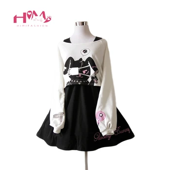 Black Comic Rabbit Dress Teens Piger 2 Pc ' Er, Der Passer Sød Bomulds-Kjole Kort Søde Bunny Udskrive Lange Ærmer Japansk Lolita Kjole