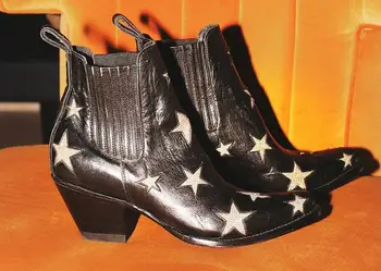 Blandet Farve Stjerner Patchwork Kvinder Ankel Støvler Cowboy Stil Laides Punkt Toe Støvler Slip På Kvindelige Mode Western Stil Støvler