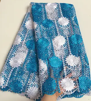 Blå Hvid solsikker broderi ledningen blonder Afrikanske lace lace stof med masser af sten perler 7262 høj kvalitet Klogt valg