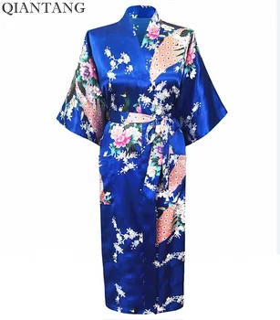 Blå Kvindelige Faux Silke Kjole Mujer Pijama Kina Stil Damer Nattøj Kimono Sommeren Badekar Kjole Plus Størrelse S M L XL XXL XXXL S0031
