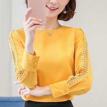 Blå Rød Hvid Chiffon Blouse Kvinder Efteråret 2017 Lange Ærmer Damer Office-Shirts Koreansk Mode Blonder Hule Kvinder Top Blusas