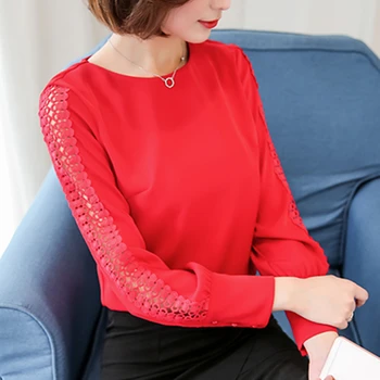 Blå Rød Hvid Chiffon Blouse Kvinder Efteråret 2017 Lange Ærmer Damer Office-Shirts Koreansk Mode Blonder Hule Kvinder Top Blusas