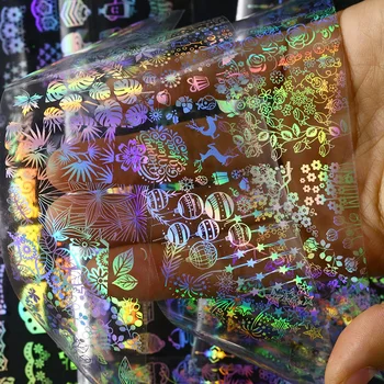 Blåhed 10Roll/Max Holografiske Laser Negle Folie Klistermærker Mix Blomst Mønster Design Manicure DIY Overførsel Decals Dekorationer