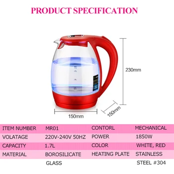 Blåt Lys, Gennemsigtig Glas 1.7 L Stor Kapacitet Vandvarmer Kedel Kedel Flaske 220V Apparat af Høj Kvalitet