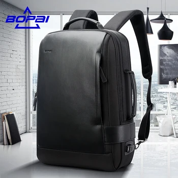 BOPAI Ny Designet Rejse Læder Rygsække til Mænd 15.6 tommer Herre Laptop Tasker Anti Tyveri USB-Opladning, Multifunktionelle mochilas