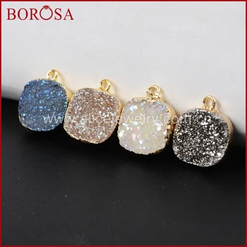 BOROSA Fashion Square Rainbow Natural Crystal Titanium Druzy Charme G1074