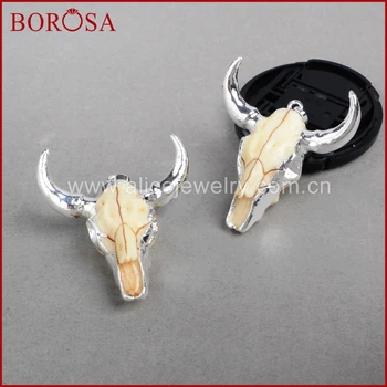 BOROSA Mode buffalo Hoved perler ,Sølv Farve Bull Kvæg Charm Perle Longhorn Harpiks Horn Kvæg Vedhæng til Smykker S842