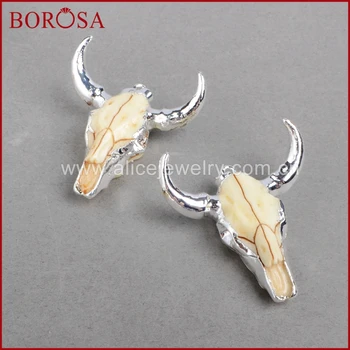 BOROSA Mode buffalo Hoved perler ,Sølv Farve Bull Kvæg Charm Perle Longhorn Harpiks Horn Kvæg Vedhæng til Smykker S842