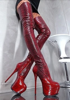 Botas feminina sexet platform sko lårlange over knæet støvler python hud skridt i rødt læder regn botines ekstrem høj hæl