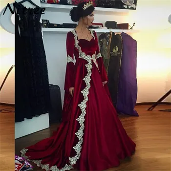 Bourgogne Velvet Saudi-Arabisk Dubai Kaftan Langærmet Kjole Til Aften I 2017 Pynt Elegnat Islamiske Kvinder Kjole Abendkleider