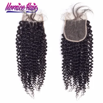 Brasilianske Kinky Curly Hair Lace Lukning Midterste Del 4X4 Tæthed 130% Mornice Non Remy Hår Extensions menneskehår Bleget Knob