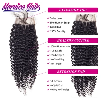 Brasilianske Kinky Curly Hair Lace Lukning Midterste Del 4X4 Tæthed 130% Mornice Non Remy Hår Extensions menneskehår Bleget Knob