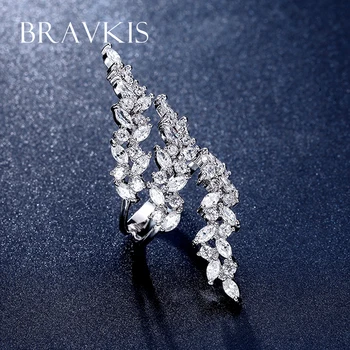 BRAVEKISS justerbar ring med krystaller lag blad ring cuff åbne ringe til kvinder hule ringe til fingrene bijoux BUR0318B