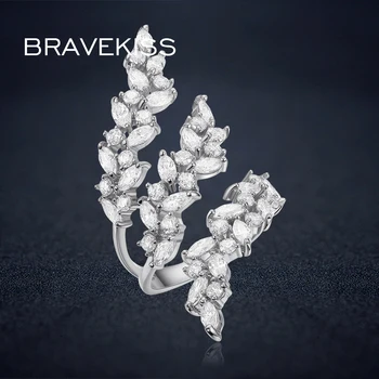 BRAVEKISS justerbar ring med krystaller lag blad ring cuff åbne ringe til kvinder hule ringe til fingrene bijoux BUR0318B