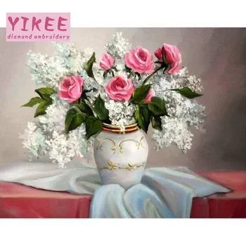 Broderede billeder,diy mosaik,5d diy,roserne i vasen,diamant broderi foto