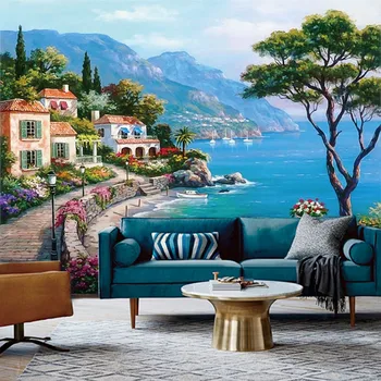 Brugerdefinerede 3D Vægmaleri Tapet Middelhavet Oil Painting Landskab tapeter Hjem Indretning Stue med Sofa, TV Baggrund Wall Paper