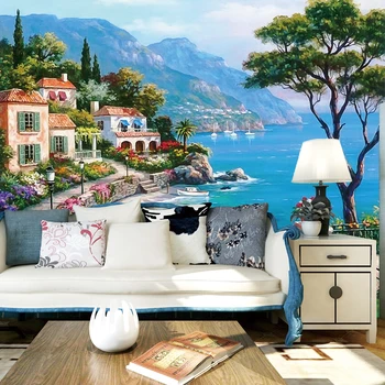 Brugerdefinerede 3D Vægmaleri Tapet Middelhavet Oil Painting Landskab tapeter Hjem Indretning Stue med Sofa, TV Baggrund Wall Paper