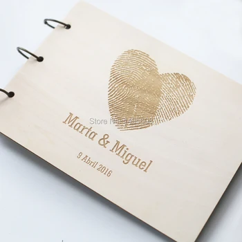 Brugerdefinerede bryllup gæstebog træ rustik bryllup gæstebog album, bridal shower engagement jubilæum - Fingeraftryk Hjertet