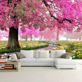 Brugerdefinerede Foto Vægmaleri 3D Stereoskopisk Romantisk Cherry Tree Wall Painting Art HD-Stue med Sofa, TV Baggrund 3D Vægmaleri Tapet