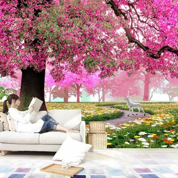 Brugerdefinerede Foto Vægmaleri 3D Stereoskopisk Romantisk Cherry Tree Wall Painting Art HD-Stue med Sofa, TV Baggrund 3D Vægmaleri Tapet