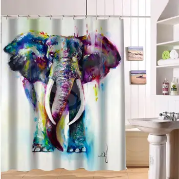 Brugerdefineret Farverige elefant print Stof Moderne badeforhæng øko-venlige Vandtæt badeværelse gardin Med hul Gratis Fragt