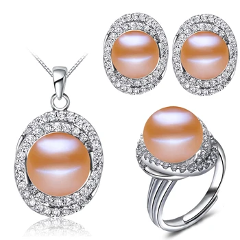 Bryllup ferskvands perle smykker sæt til kvinder,hvide naturlige perle smykker øreringe piger fødselsdag vedhæng ring pink