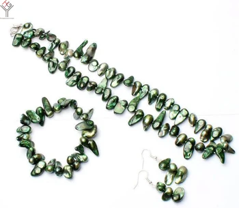 Bryllup Kvinder Smykker sæt 8-15mm mørk grøn barok aflang perle halskæde armbånd krog Øreringe naturlige ferskvands perle