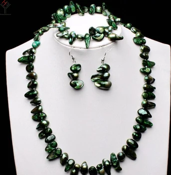 Bryllup Kvinder Smykker sæt 8-15mm mørk grøn barok aflang perle halskæde armbånd krog Øreringe naturlige ferskvands perle