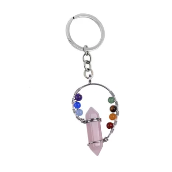 Bullet-Form, natursten nøglering Chakra Rainbow perle Lyserød Kvarts Nøgleringe Crystal Sekskantet Tilbehør