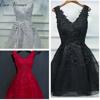 C. V-kjole til Aften i 2018 sort kort design banket kjole et-styk kjole V-hals plus size kvinder korte aften kjoler E0002