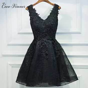 C. V-kjole til Aften i 2018 sort kort design banket kjole et-styk kjole V-hals plus size kvinder korte aften kjoler E0002