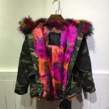 Camouflage multi farve vaskebjørn pels krave jakke faux pels foring kvinder vinter outwear