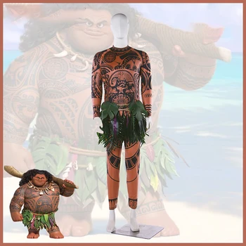 Cartoon Movie Moana Maui Cosplay Kostume Halloween, Karneval Uniformer Voksen Spandex Tøj Fulde Ærmet Trøje+Bukser+Hula Bælte