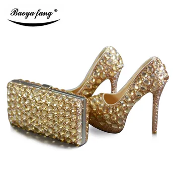 Champagne crystal dame Bryllup sko med matchende tasker Luksus Rhinestone høje hæle platform sko kvinder part kjole sko