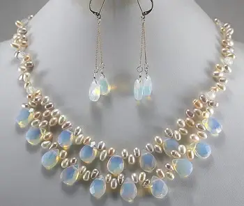 Charmerende Perle Smykker Sæt 2 Rækker Kulturperler Perle Hvid Opal Halskæde Øreringe Sæt