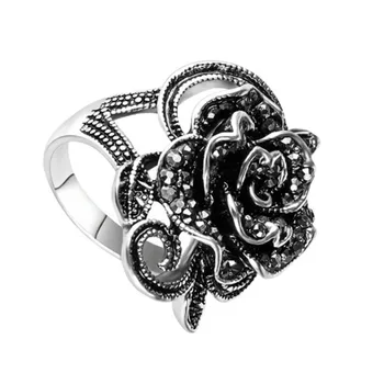Charms Bijoux Antik Sølv Farve Vintage Ring Sort Stor Krystal Steg Blomst Ringe Til Kvinder, Bryllup, Fødselsdag, Gave Mor