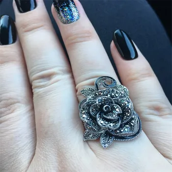 Charms Bijoux Antik Sølv Farve Vintage Ring Sort Stor Krystal Steg Blomst Ringe Til Kvinder, Bryllup, Fødselsdag, Gave Mor