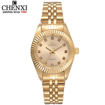 CHENXI Brand Top Luksus Damer Guld Ur Kvinder Golden Clock Kvindelige Kvinder Kjole Rhinestone Quartz Ure Vandtæt Feminine